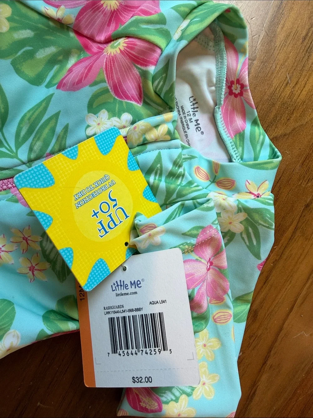 Little Me Girls' Aqua Floral Long Sleeve One-Piece Swimsuit 12 month